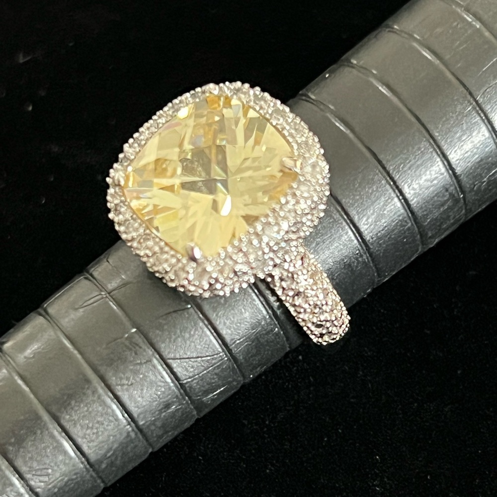 Canary Yellow Crystal Halo Sterling Silver 925 Large Women’s Statement Ring
